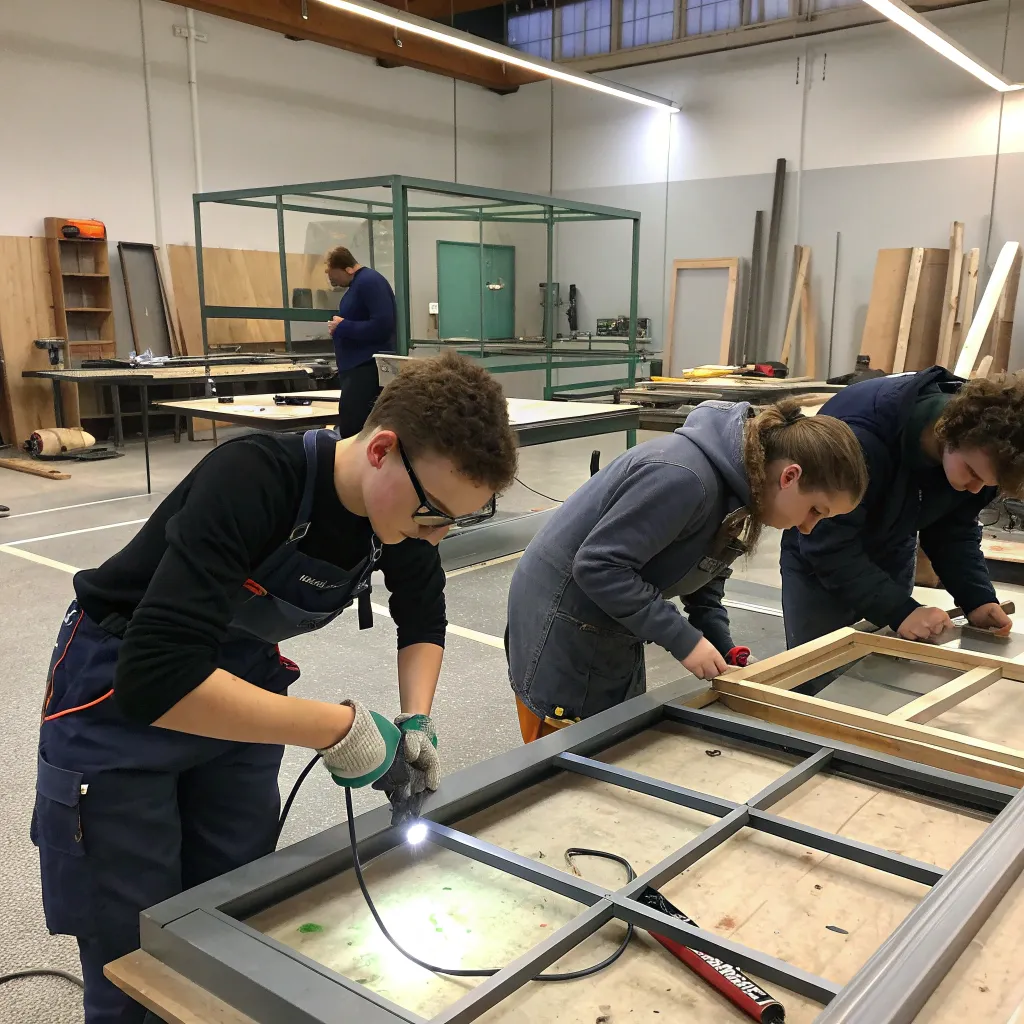 Students practicing metal and glass furniture making